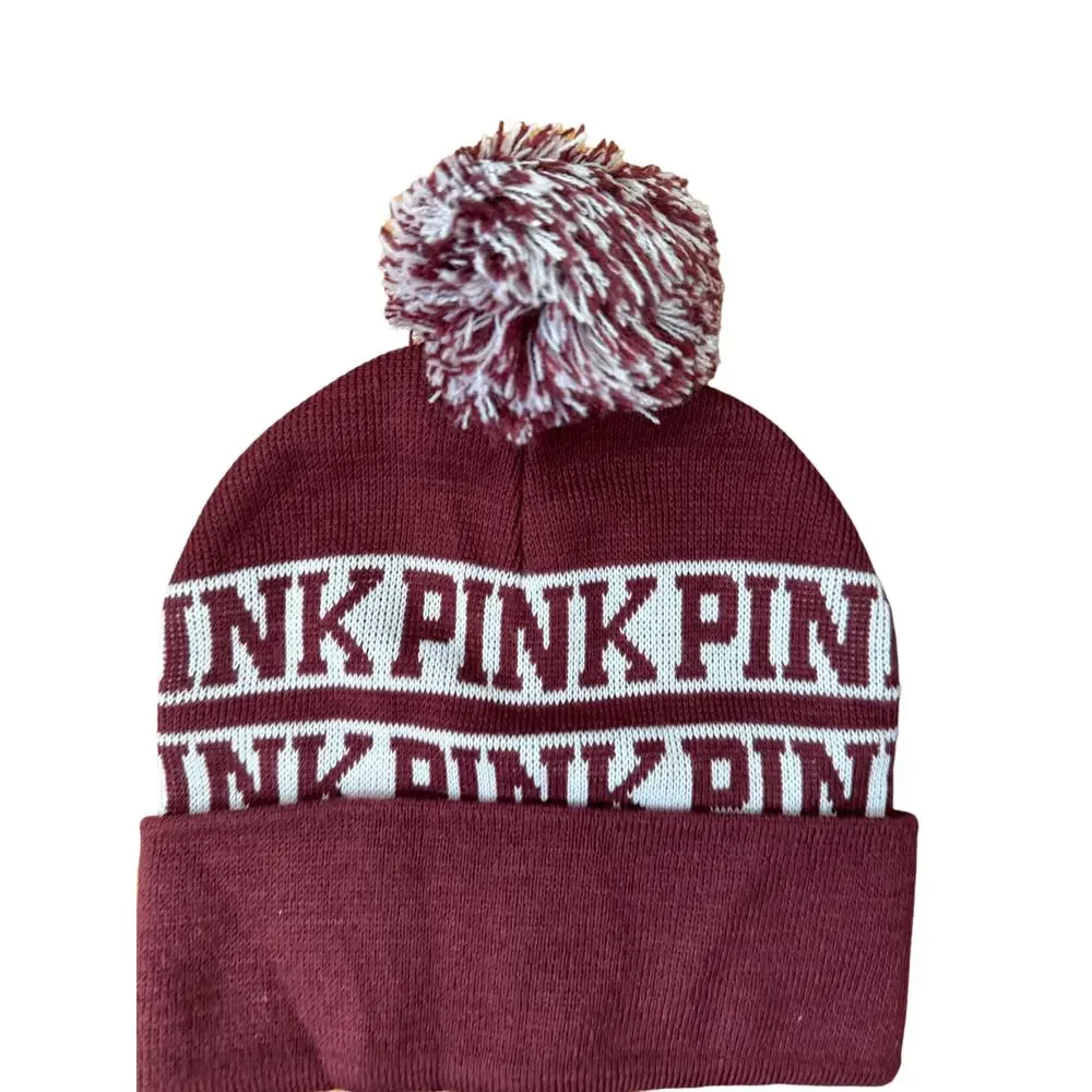 PINK Victoria's Secret Maroon & White Pom-Pom Beanie Hat New